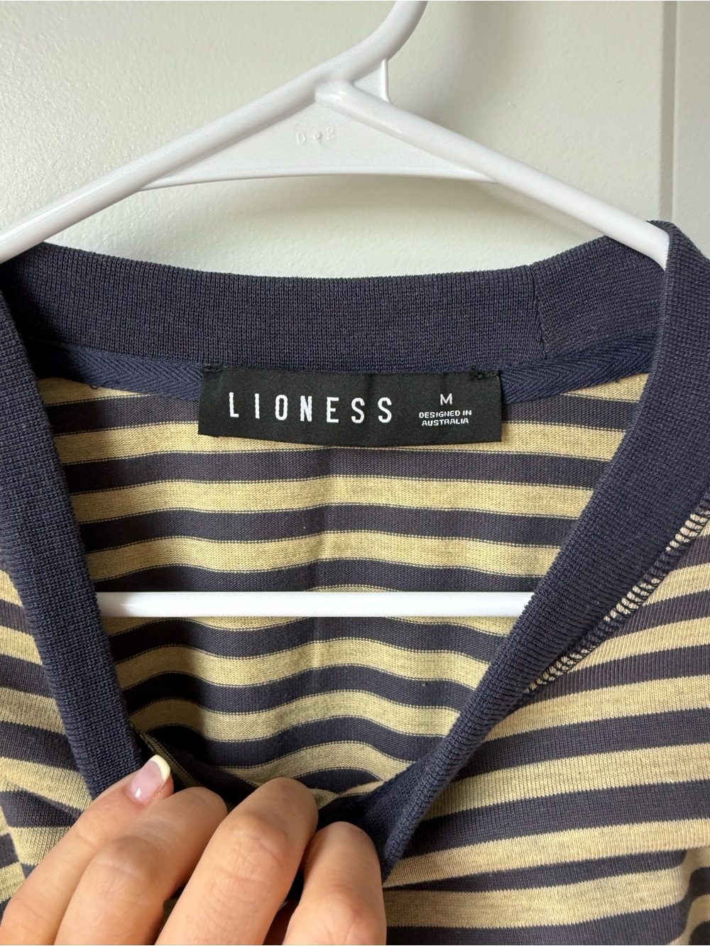 Lioness Navy and Beige Striped Crewneck Top